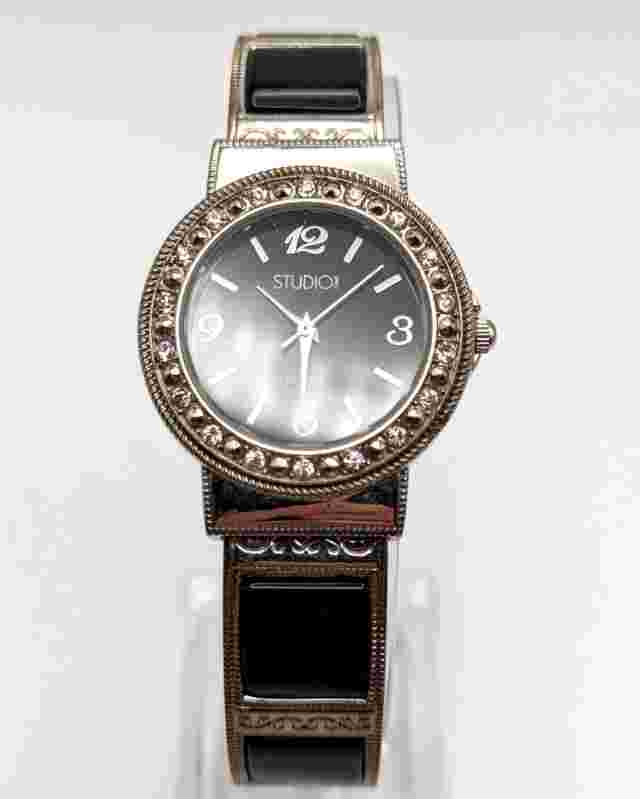 STUDIO Ladies Cuff Bracelet Watch Silver Tone Band with Black New Battery