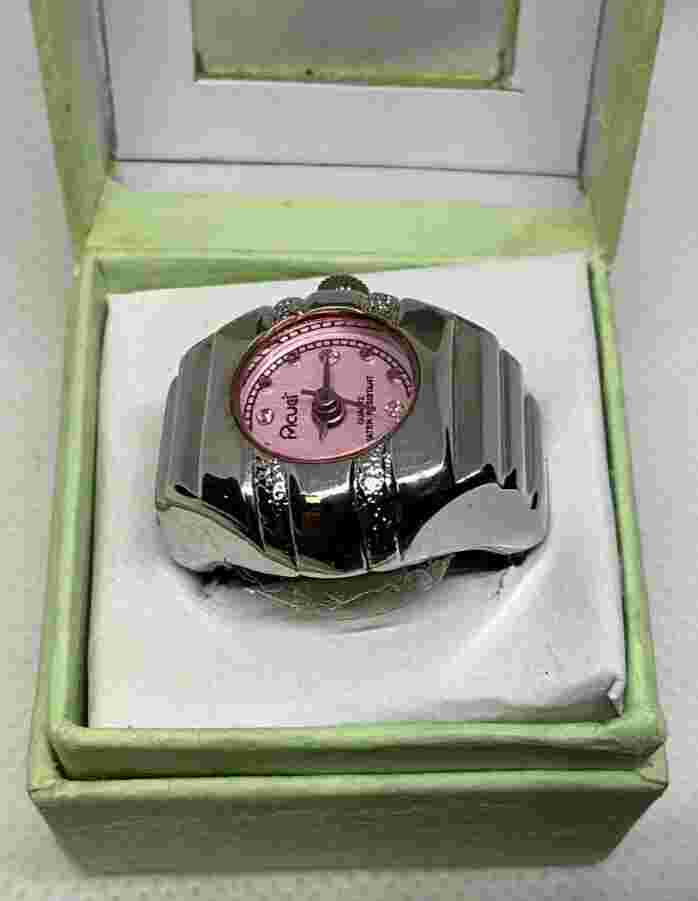 Collectible Acuet ring watch with box, needs new battery, tested and runs