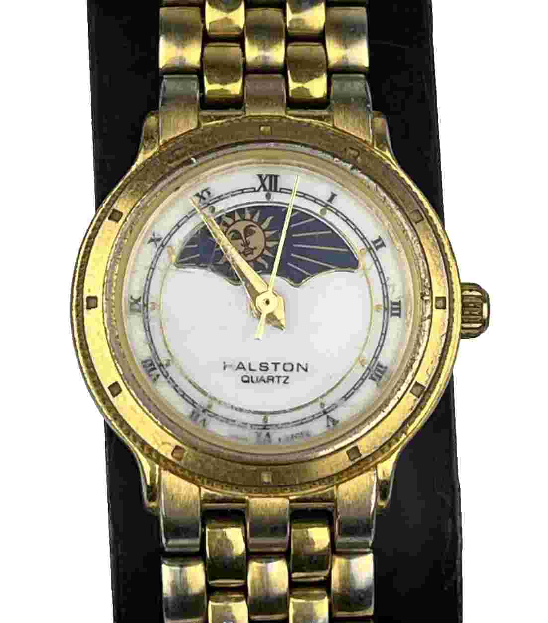 Halston Women's Vintage Watch Moon Phase Gold Tone All Stainless - New Battery