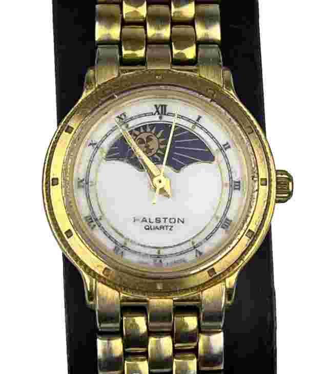 Halston Women's Vintage Watch Moon Phase Gold Tone All Stainless - New Battery