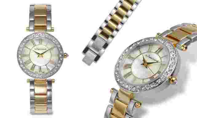 NEW Jeanneret 1433 Womens Gloria Swarovski Crystal Bezel Pearl Dial 2 Tone Watch