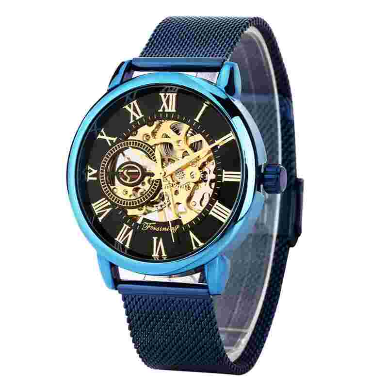 FORSINING Blue Elegant Men's Watches Skeleton Mechanical Simple Dial Wristwatch