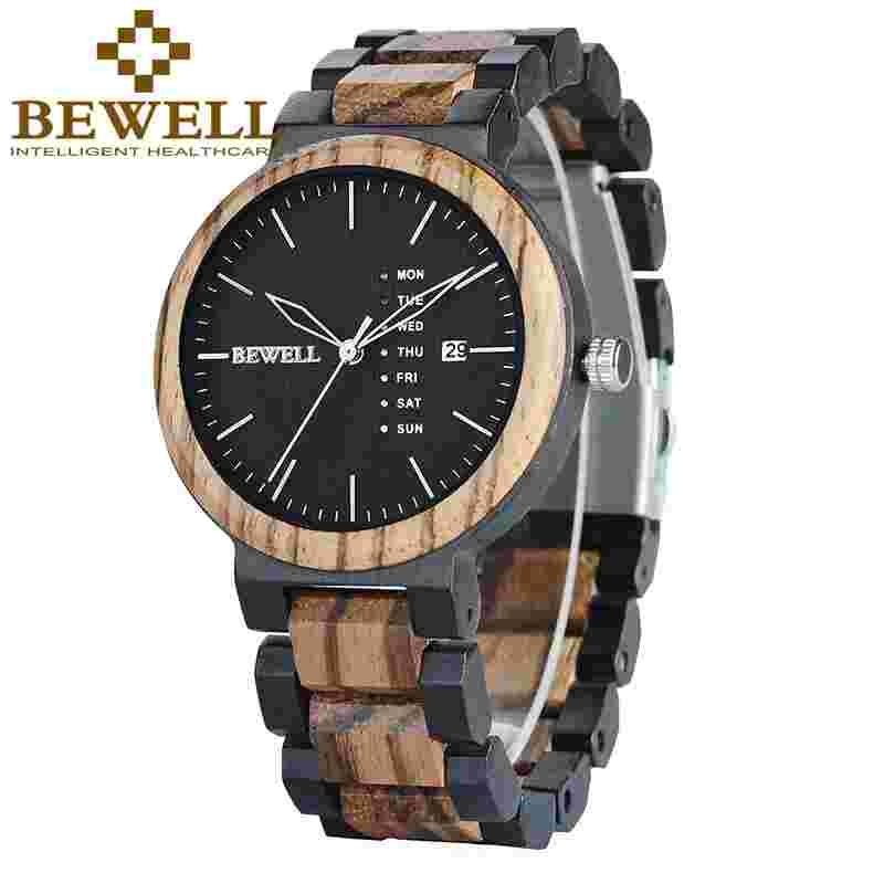 BEWELL Colorful Mens Wood Watches Day/Week Display Quartz Wooden Watch for Men