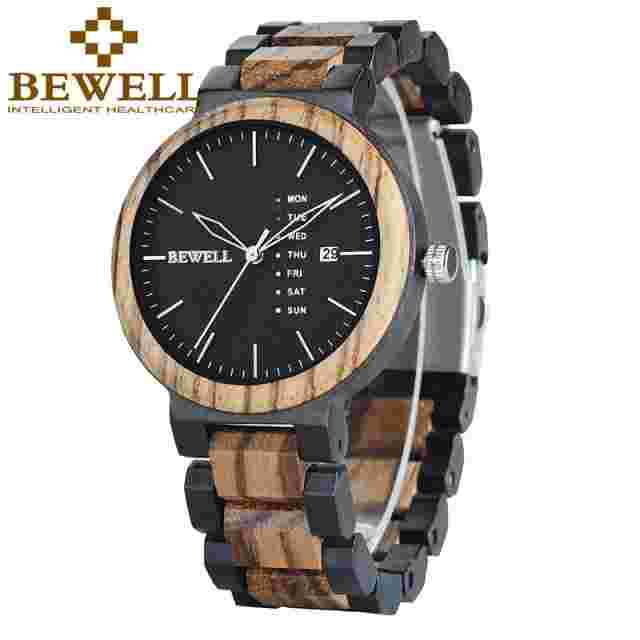 BEWELL Colorful Mens Wood Watches Day/Week Display Quartz Wooden Watch for Men
