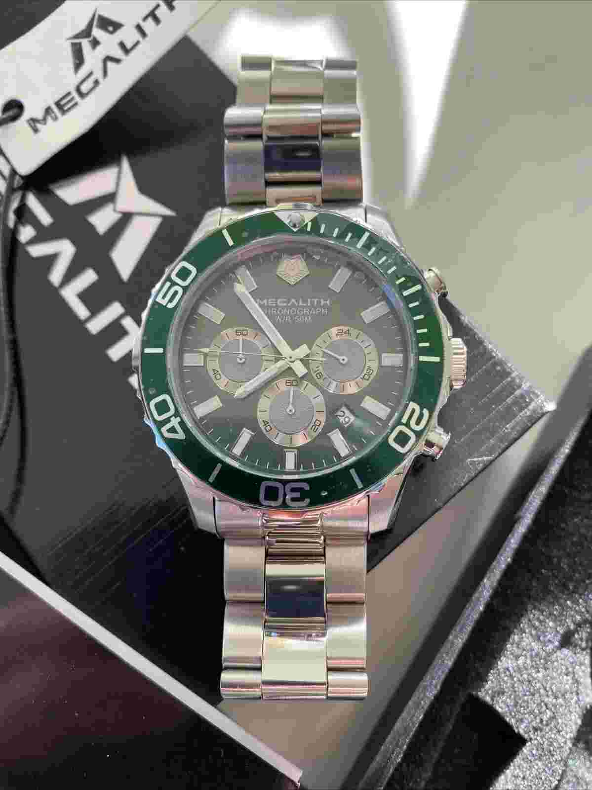 MEGALITH Mens Watch Designer Chronograph - Silver Stainless Steel Green Face