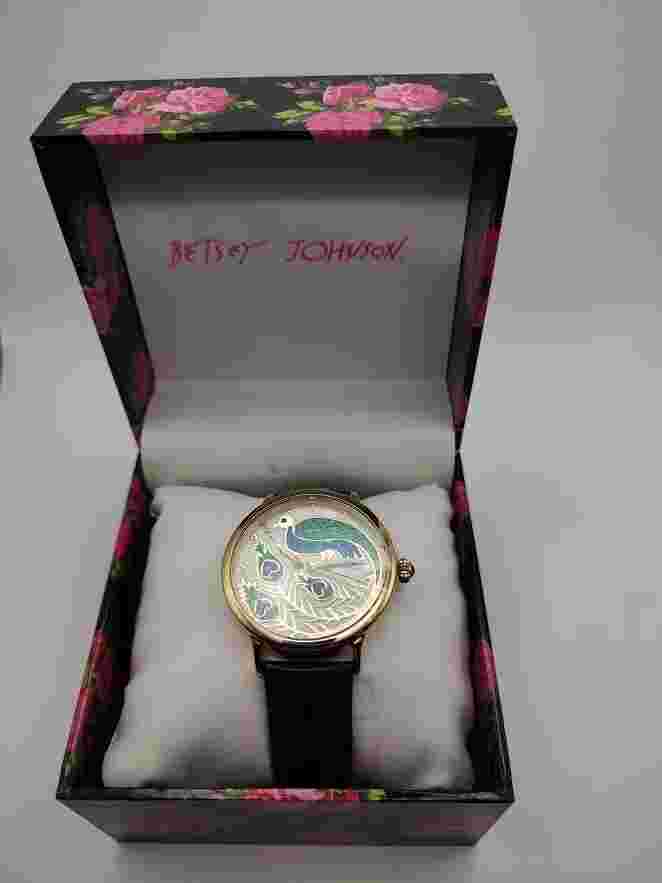 NWT - Betsey Johnson Women's Sparkling Peacock Watch with Blue Leather Band
