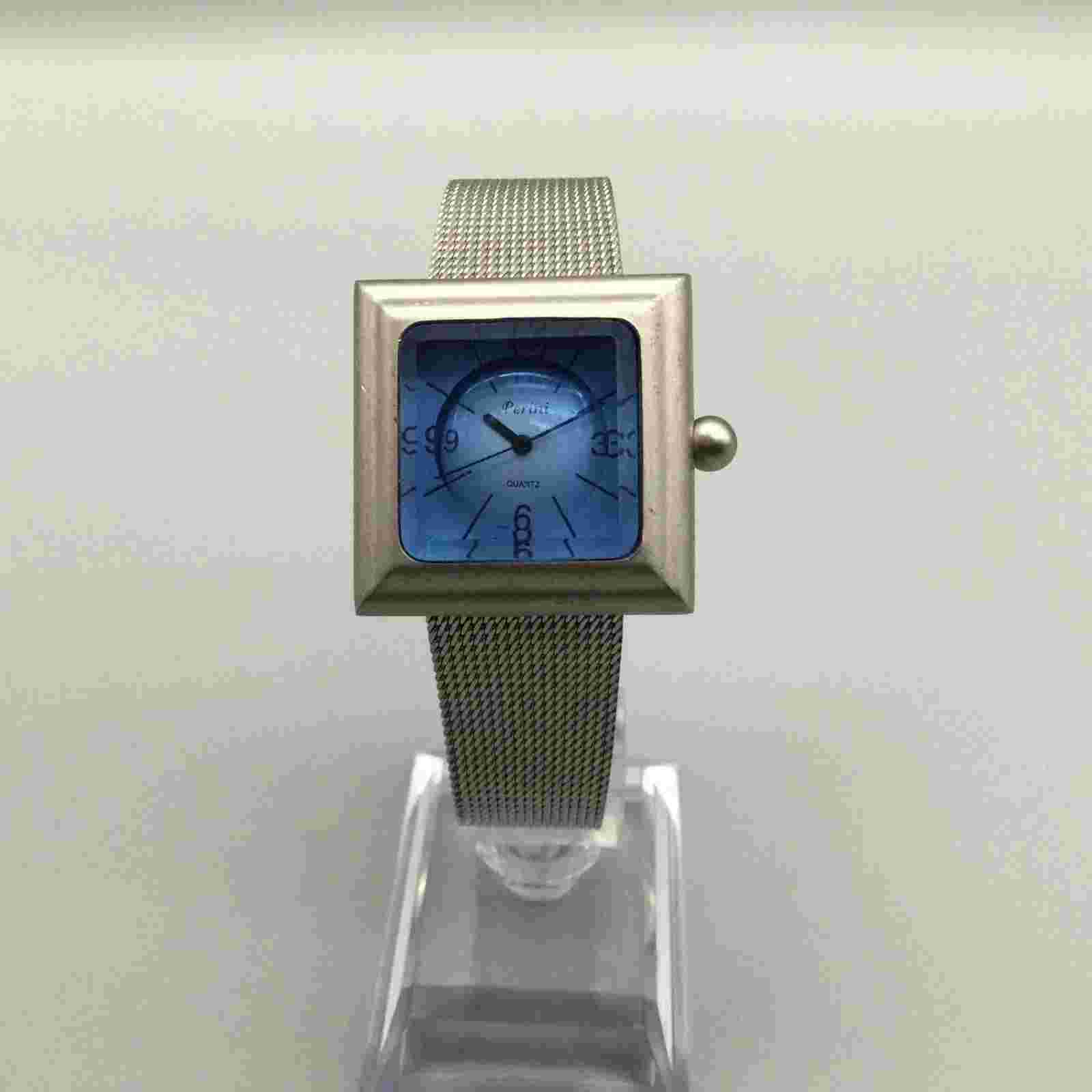 Vtg Perini Watch Women 30mm Silver Tone Blue Square Dial Mesh Band New Battery