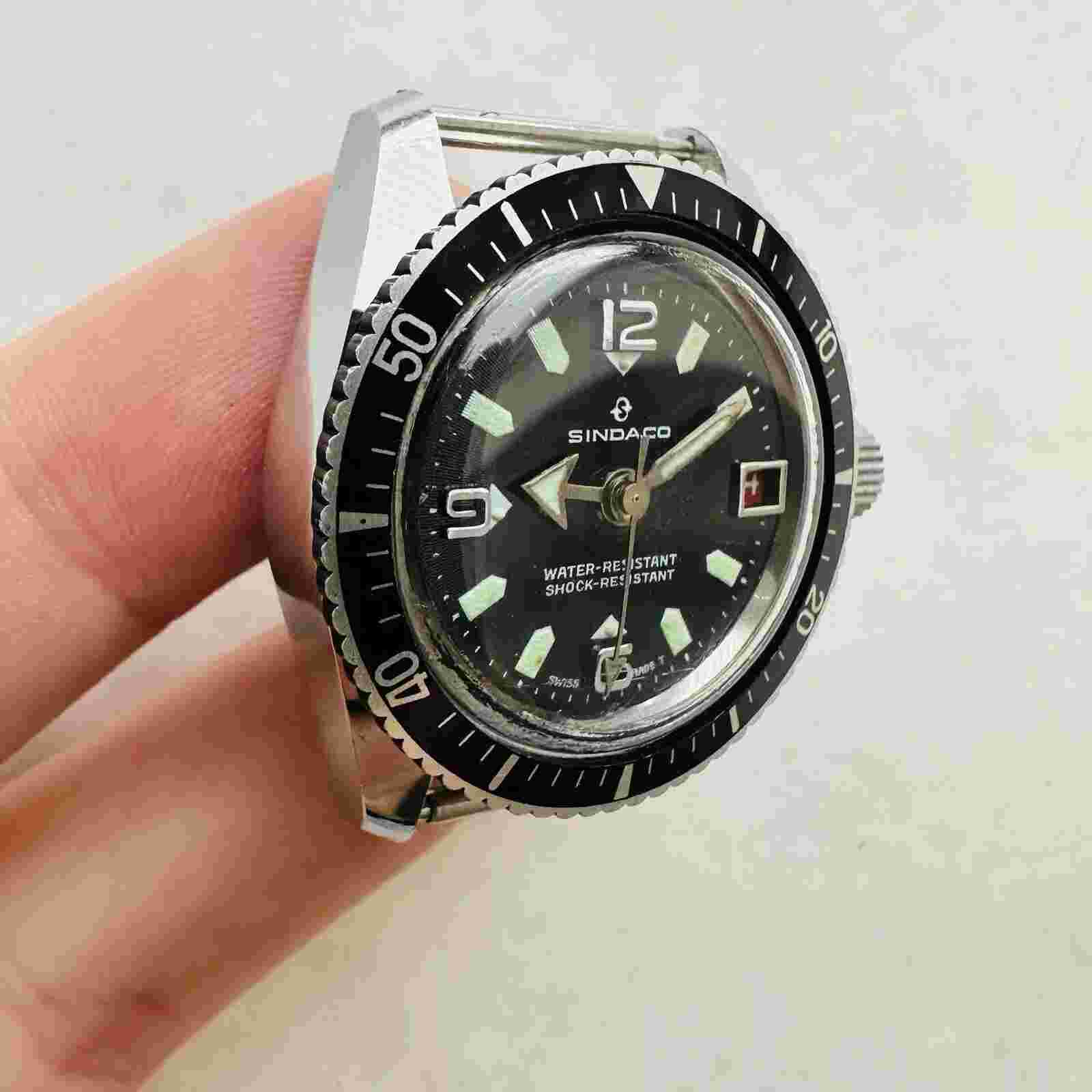 RARE Watch SINDACO Black bezel Small case Diver Military Swiss Wrist vintage