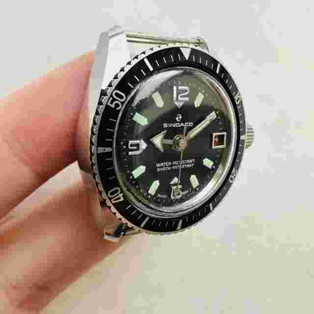 RARE Watch SINDACO Black bezel Small case Diver Military Swiss Wrist vintage