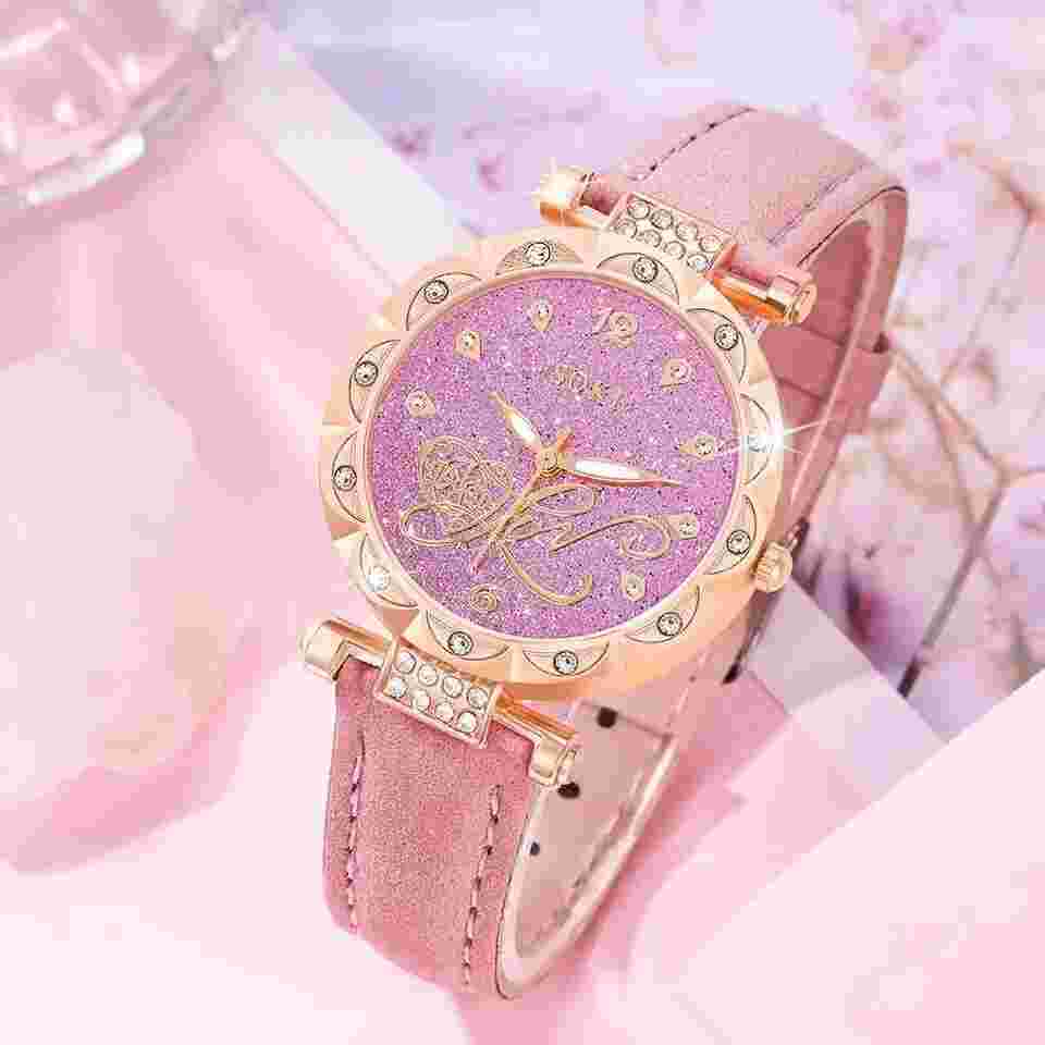 5pcs Pink Color Watch Women Leather Casual Ladies Wrist Watch Set