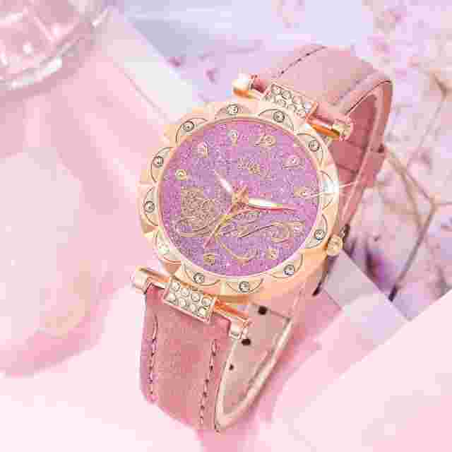 5pcs Pink Color Watch Women Leather Casual Ladies Wrist Watch Set