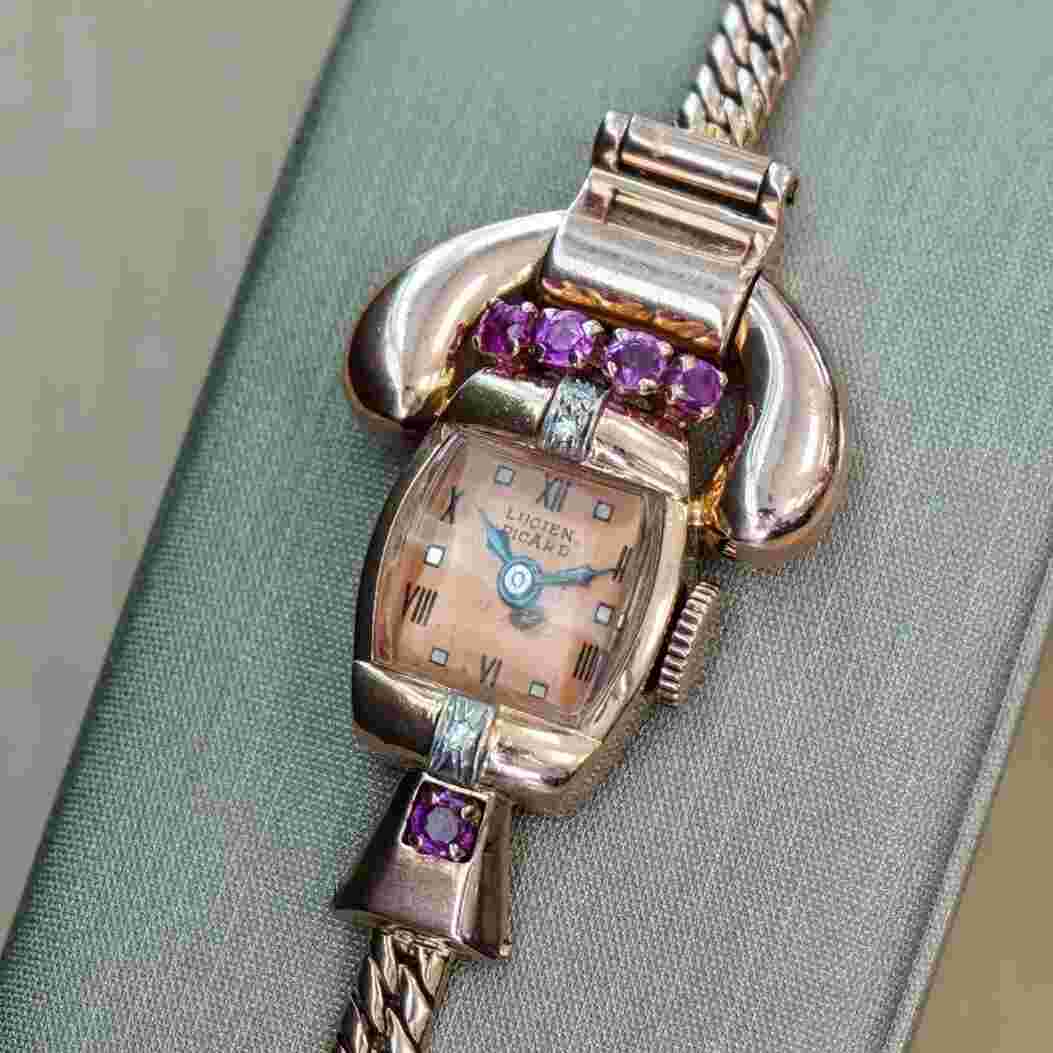 LUCIEN PICCARD Art Deco Ladies' 14K Rose Gold Cocktail Watch 'Telephone' Design