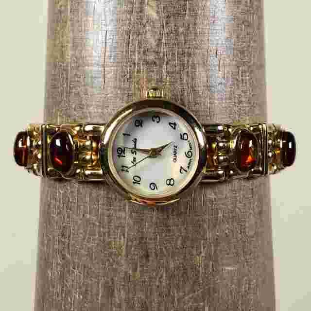 Vintage Lee Sands Women Dress MOP Dial Gemstone Round 22mm Quartz Watch 7"