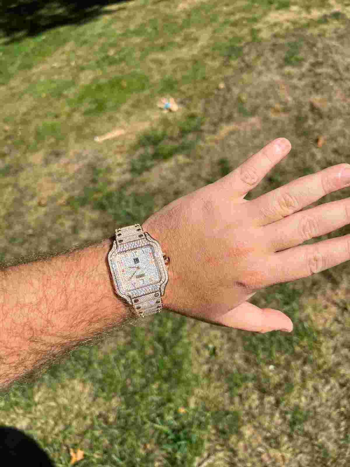 Real Mens MOISSANITE Watch Iced Automatic Movement Hip Hop Rose Gold Arabic Face