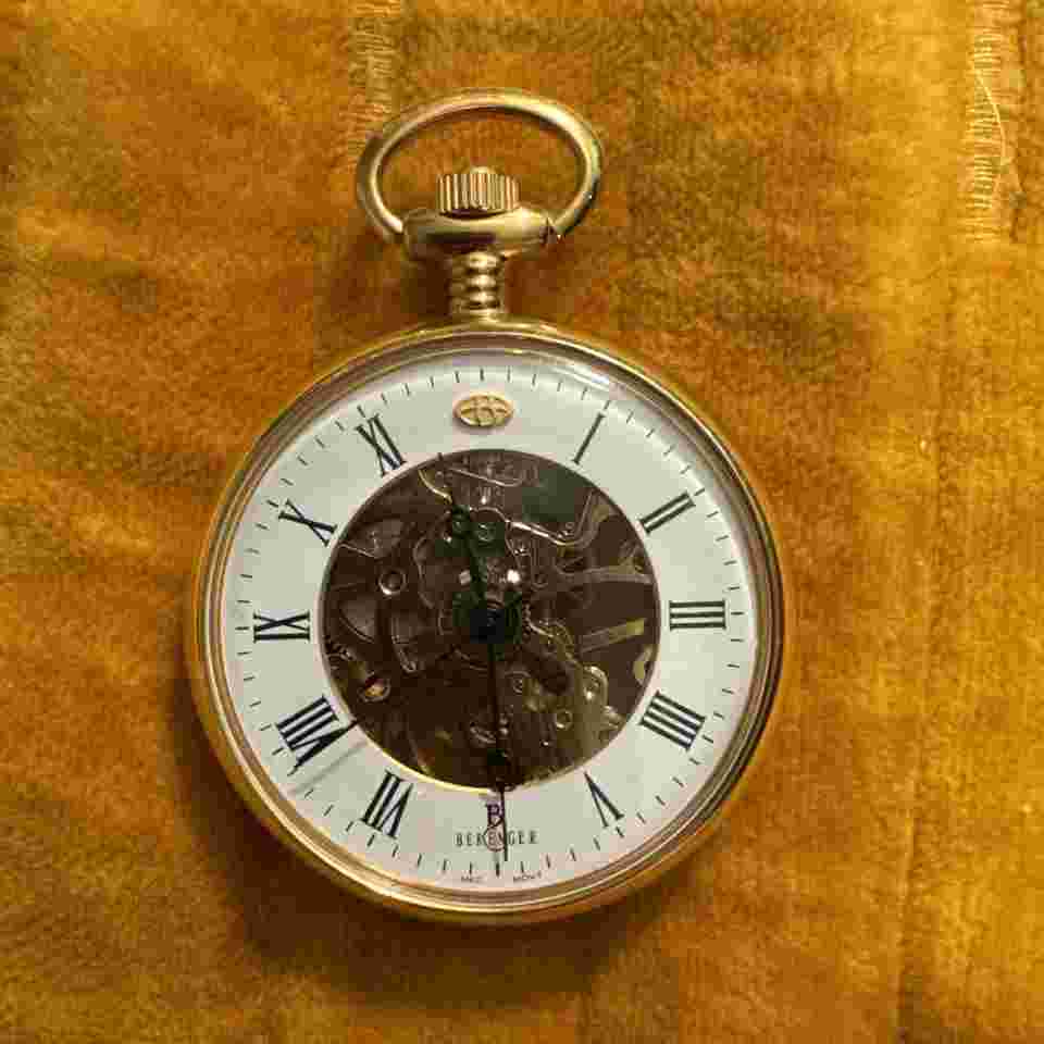 Vintage Berenger Skeleton Wind Up Pocket Watch GOLD  Tone  Jewels 51mm Runs
