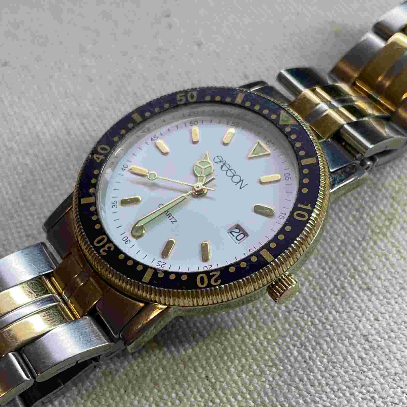 Vintage Sasson Date Watch Men Two Tone Stainless Steel White Dial New Battery