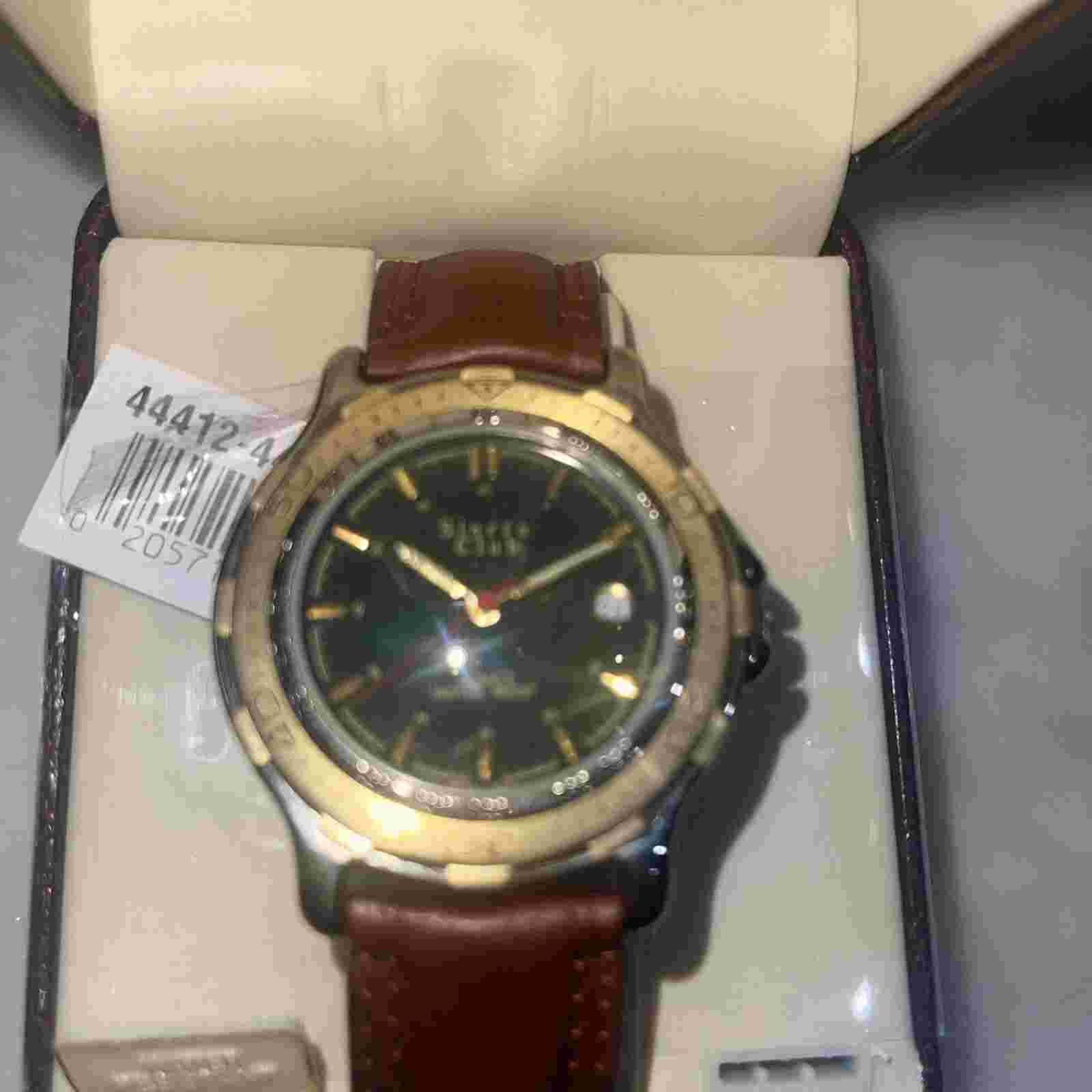 Sierra Club Watch Men Stainless Silver Gold WR Brown Leather Date Green Quartz