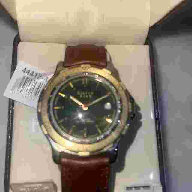 Sierra Club Watch Men Stainless Silver Gold WR Brown Leather Date Green Quartz