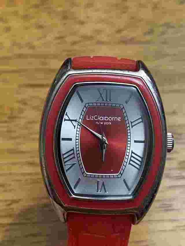 Liz Claiborne Red Silicone Strap Silvertone Watch New in box