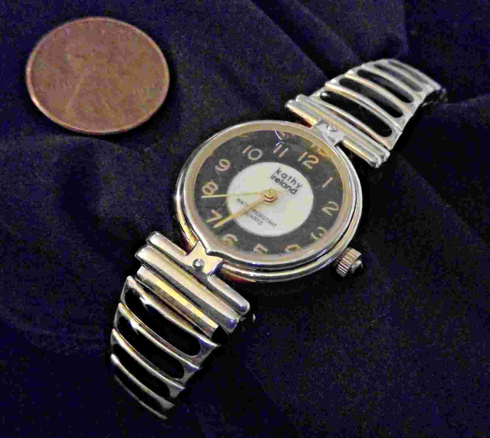 Kathy Ireland Watch Black MOP Face Gold & Silver Tone Stretch Band New Battery