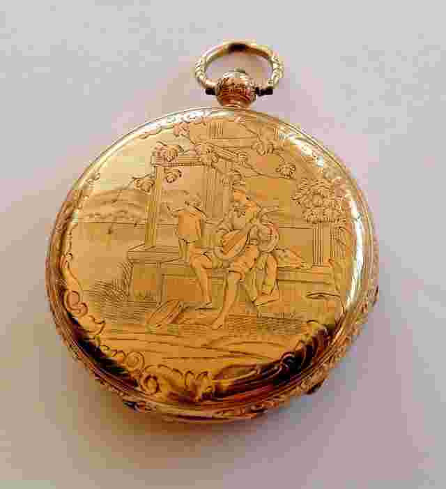 ANTIQUE FULLY ENGRAVED EUG DUBOIS GENEVE POCKET WATCH 18K GOLD VERY RARE  !