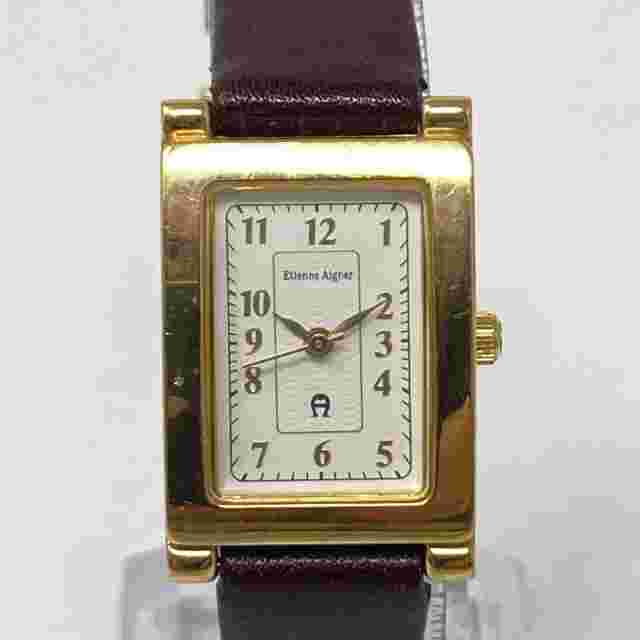 Etienne Aigner Tank Watch Women 20mm Gold Tone Brown Leather New Battery 7.5"