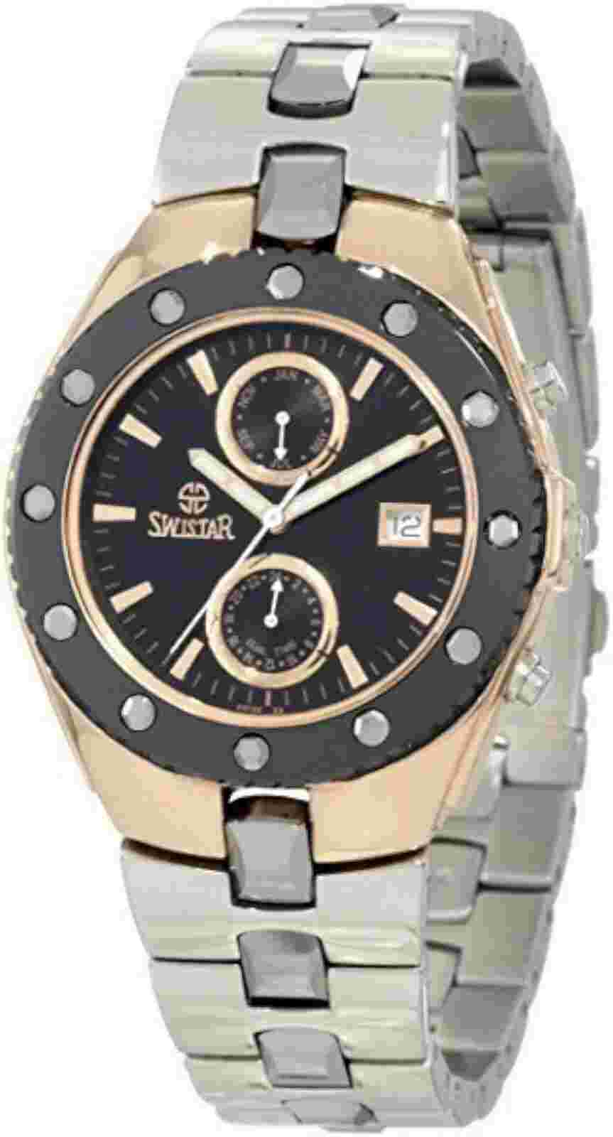 NEW Swistar 5655-2M Men's Swiss Quartz Black Bezel RoseGold Plated Case SS Watch