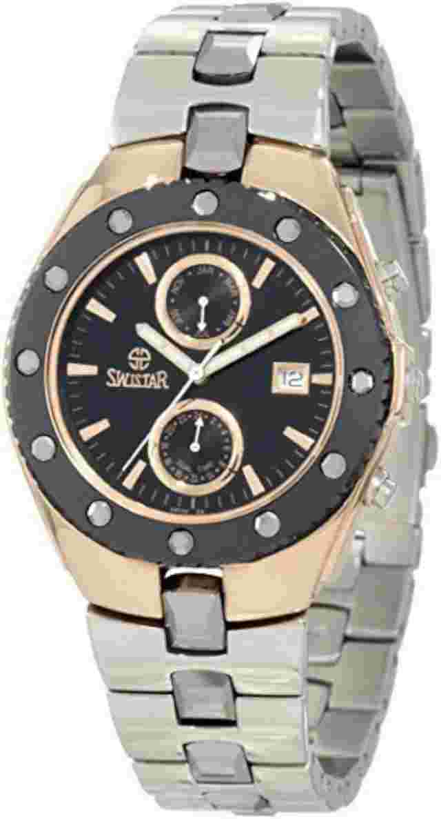 NEW Swistar 5655-2M Men's Swiss Quartz Black Bezel RoseGold Plated Case SS Watch
