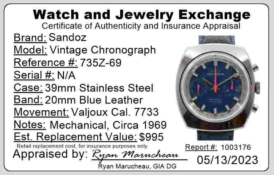Rare Blue Sandoz Men's 39mm Manual Chronograph Watch Ref 735Z-69 Valjoux 7733