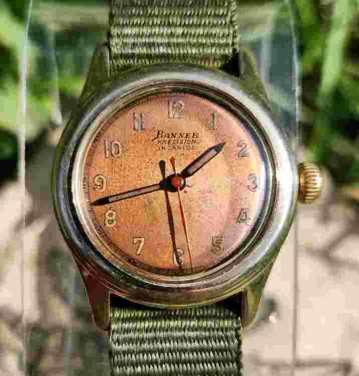 Vtg 1950s Banner Precision Military Copper Dial Men's 29mm Watch Mechanical NATO