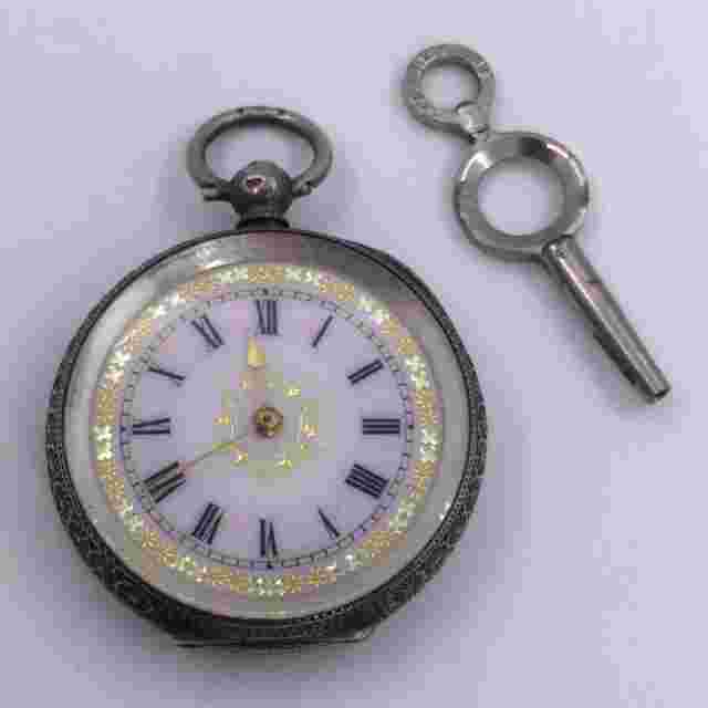 EXQUISITE LADIES PENDANT POCKET WATCH - STERLING FANCY ETCHED DIAL - CASE (W524)