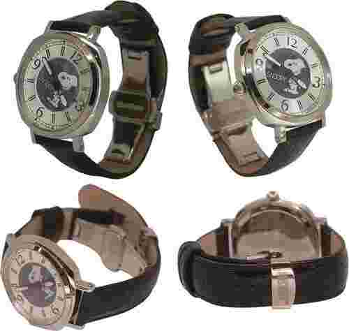 SNOOPY Watch Mineral Glass Quartz Stainless Steel Leather Band Black