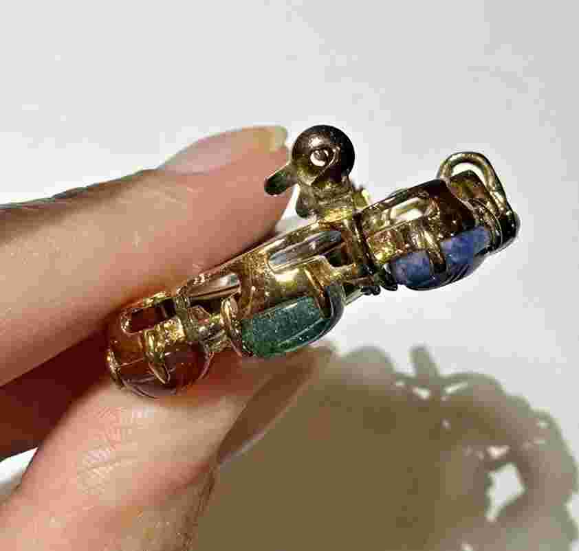 Vintage Majestron Scarab Carved Lapis Tigers Eye Carnelian Dangle Watch Brooch