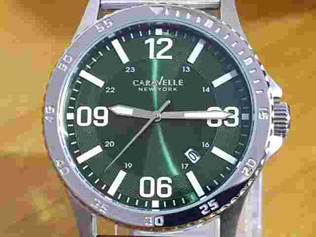 Mens XL Steel Bracelet Bulova Caravelle Military Green Watch 43B129  New In Box