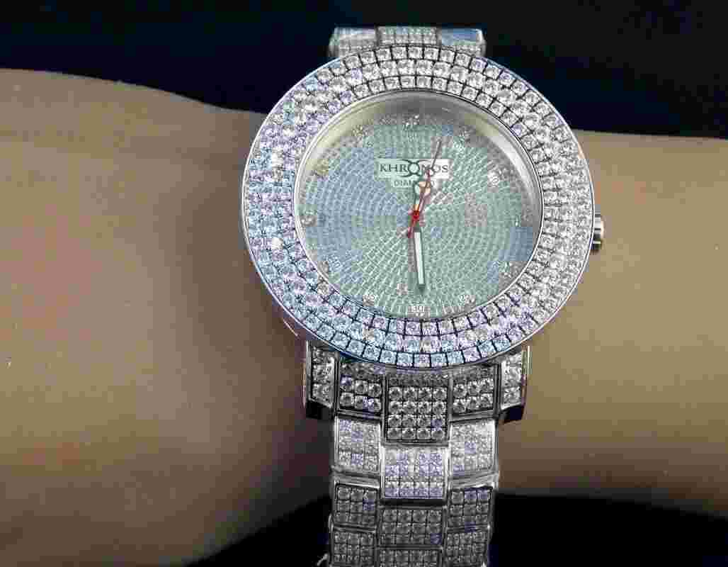 White Gold Finish Stainless Steel Three Row Khronos Simulated Diamond Watch 53MM
