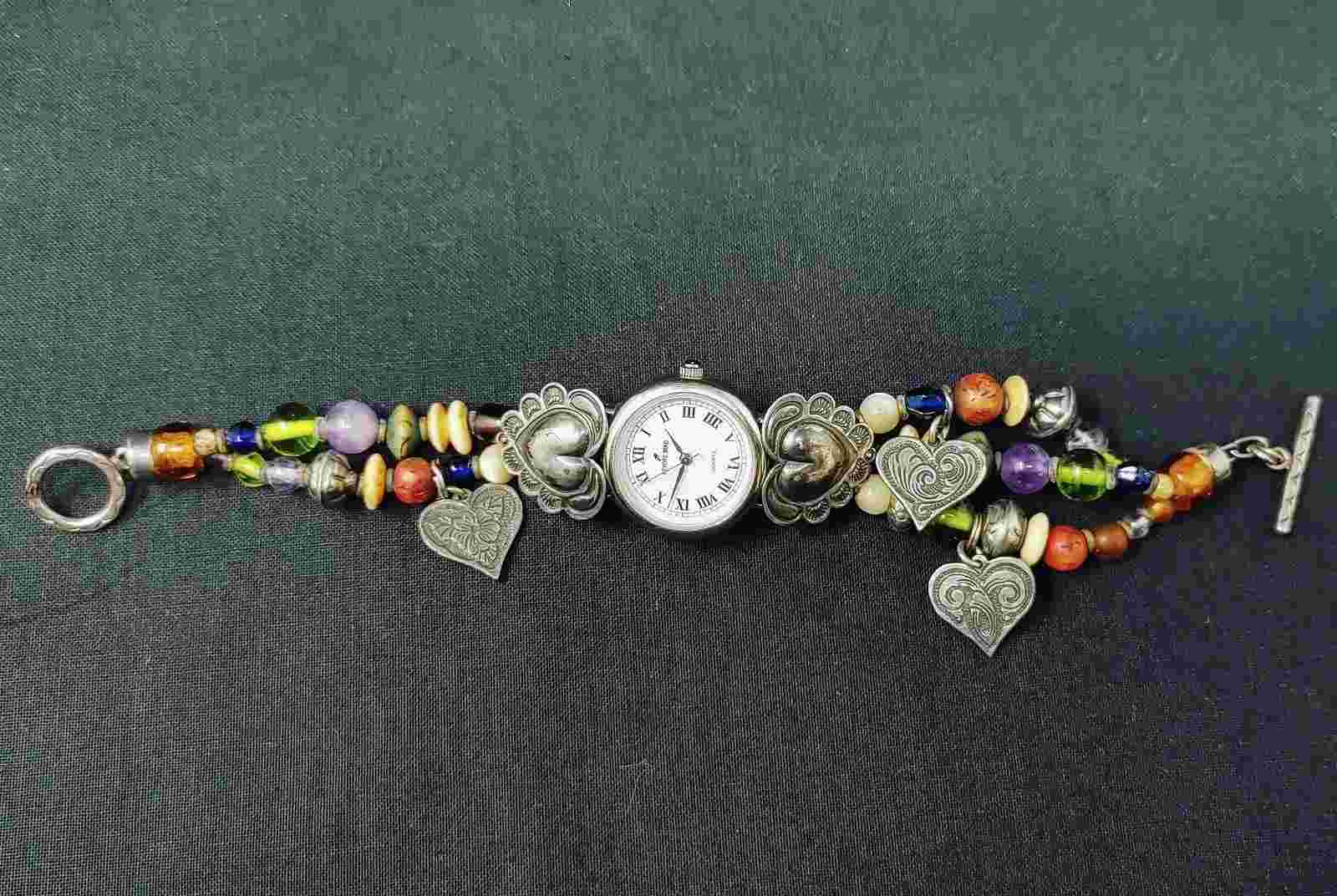 Native American "Peyote Bird" Sterling Silver Beaded Watch 8" 28287