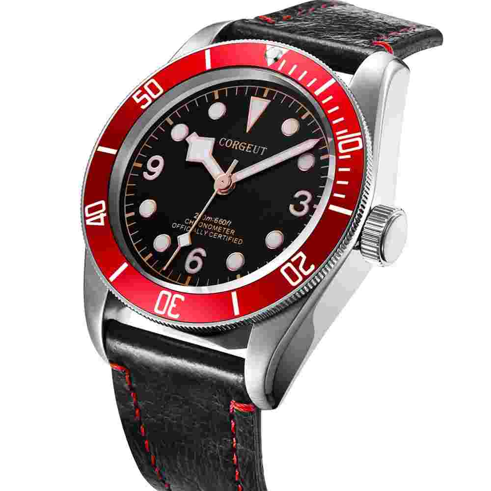 41mm CORGEUT black dial red bezel Sapphire Glass Automatic Mens Watch Luminous