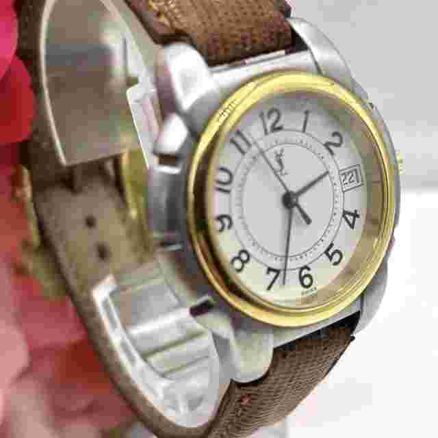 Yves Saint Laurent Ladies Watch White Dial Blue Steel Hands Brown Strap