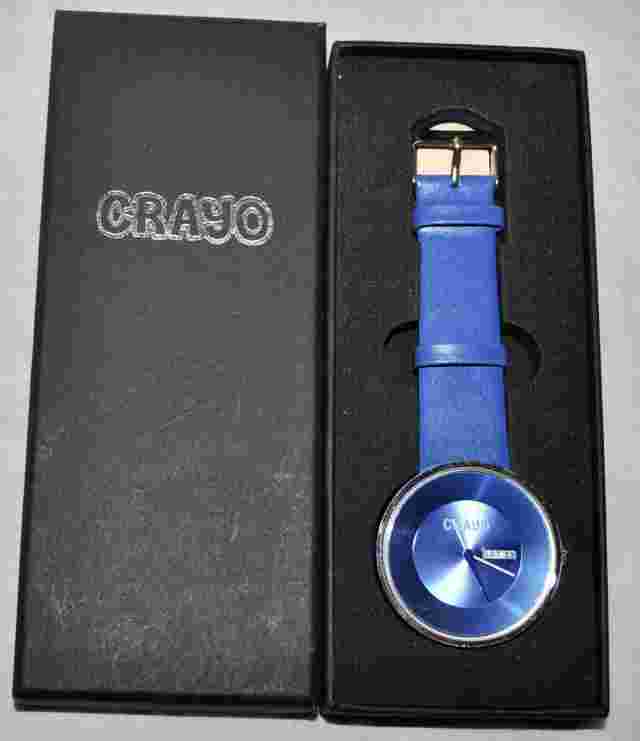 CRAYO CR0202 Button Watch Blue Day Date Display Leather Band