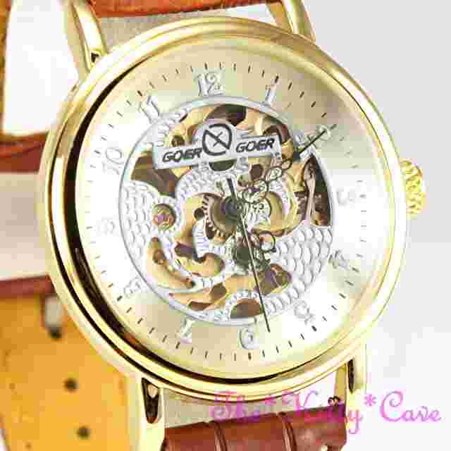 Gold Traditional Mechanical Hollow Skeleton Steampunk Tan Leather Wind-up Watch
