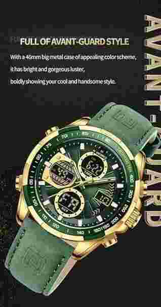 NAVIFORCE 9197L-GGNGN Chronograph Men's Leather Watch Gold Dial Colored Strap By