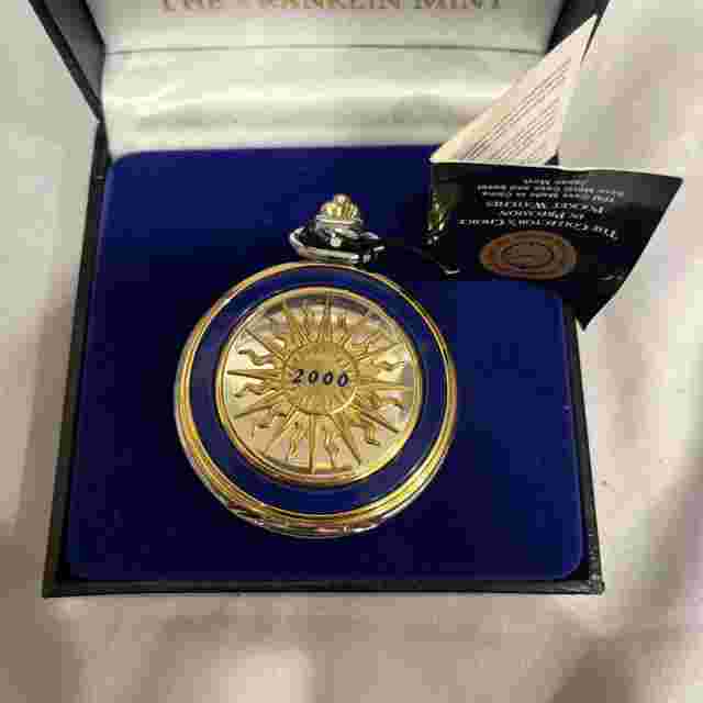 Vtg Pocket Watch Y2K Franklin Mint Millennium 2000 Gold Tone Blue Box Collect