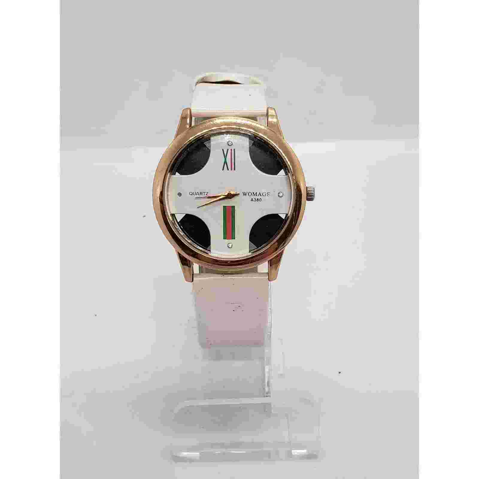 Womage A380 women's watch. Red and green accents on watch face. Working watch