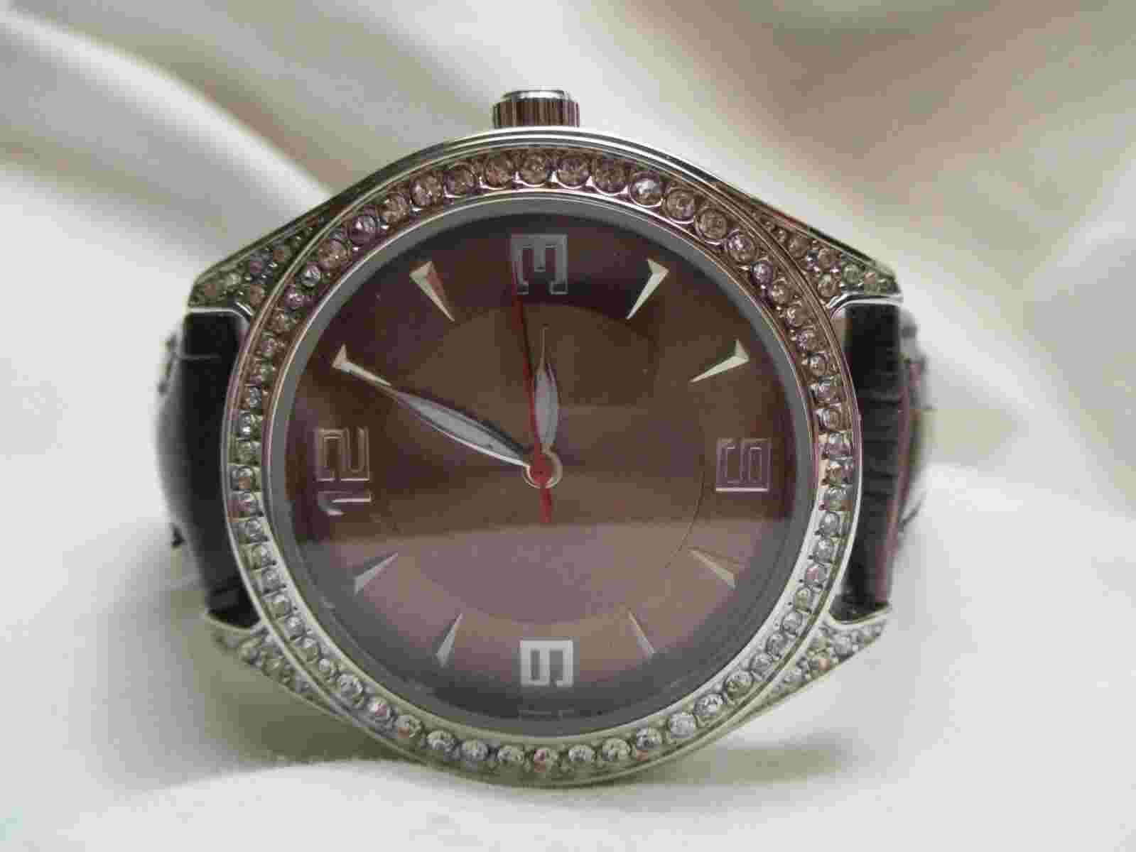 Merona Wristwatch Brown Buckle Band Silver Toned Rhinestones Sparkly Round Face