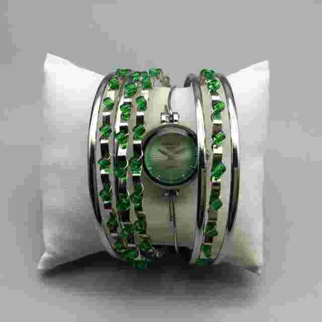 Anriya Milan Watch Women 21mm Silver Green Dial Beaded Bangle New Battery