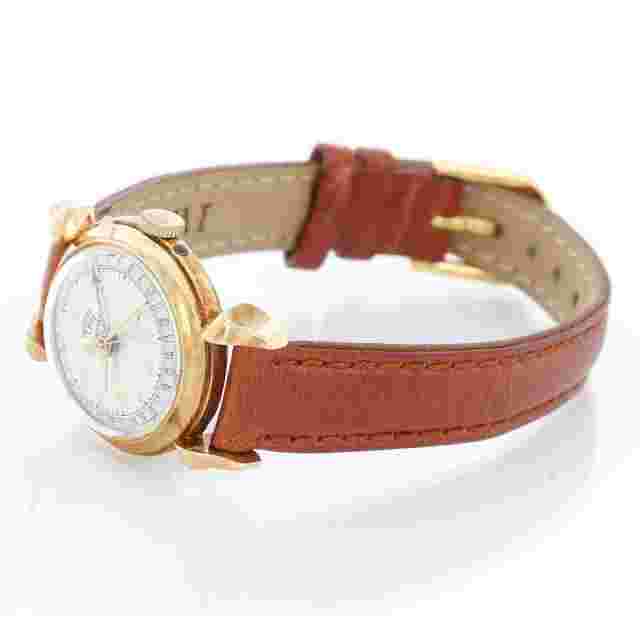 Very Rare Vintage small 14k Gold LEONIDAS Day Date Watch silver dial  item#jb104