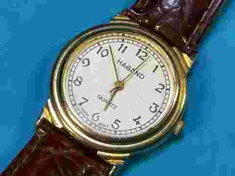 Haband White Dial Gold Tone Case Brown Leather Band Watch WORKING