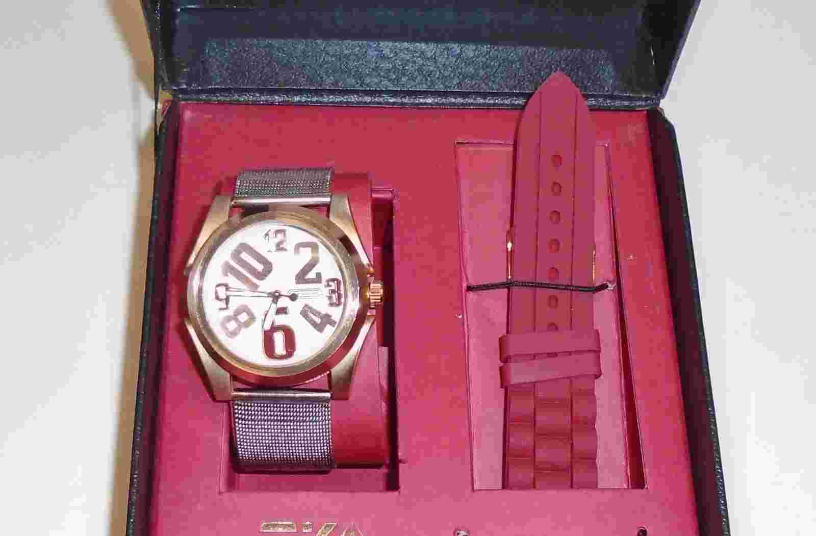 NEW SKY MARINE ROSE GOLD TONE WATCH+SET OF 2 SILVER TONE MESH+RED SILICONE BAND