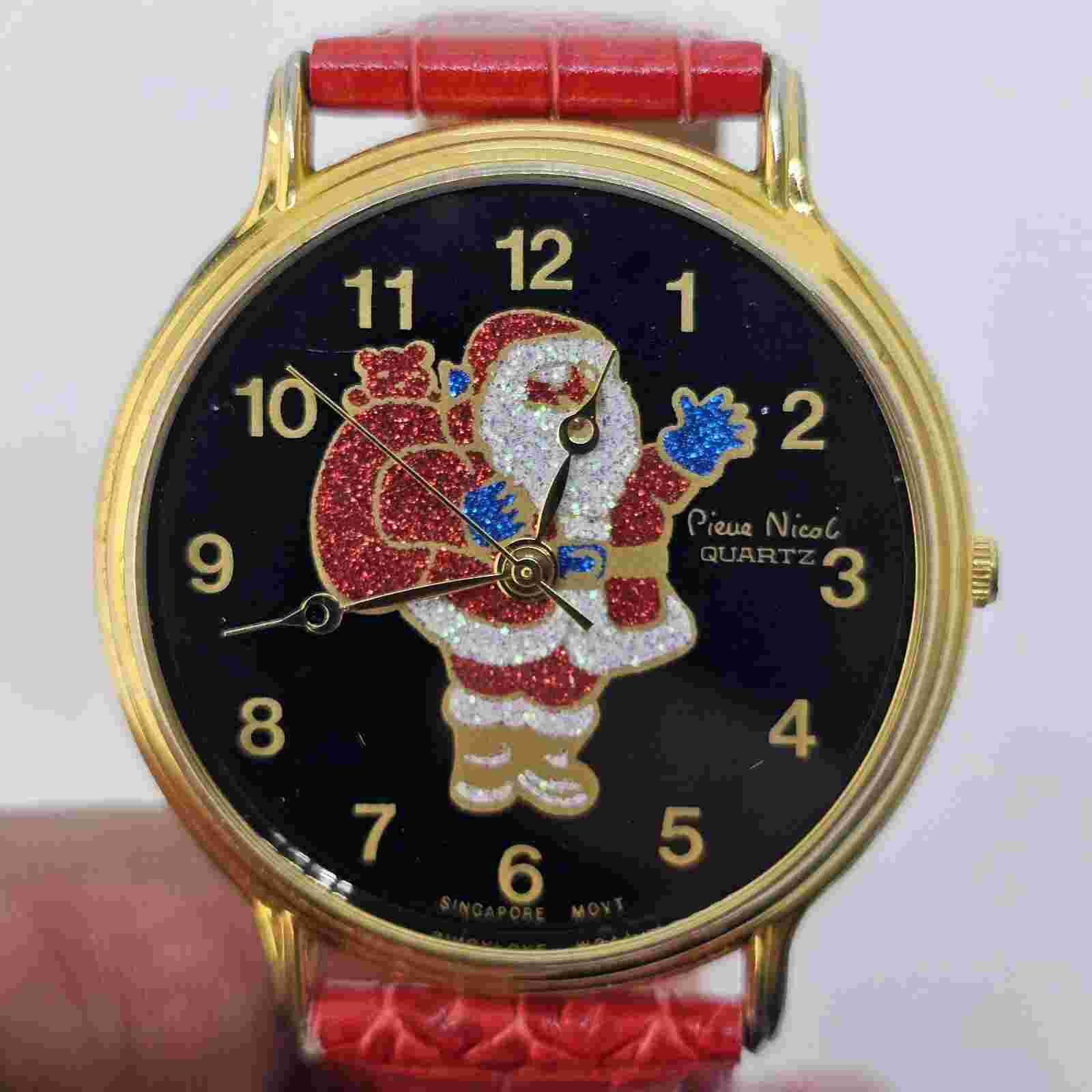 VTG Pierre Nicol Santa Claus Christmas Watch 40MM Red Leather Bands New Battery