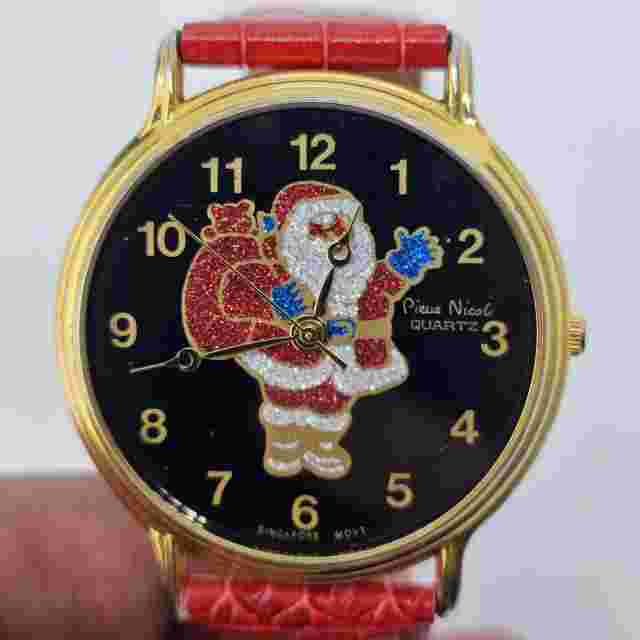 VTG Pierre Nicol Santa Claus Christmas Watch 40MM Red Leather Bands New Battery